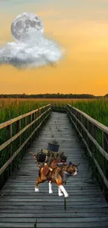 Cat with saddle bags on a wooden bridge at sunset with a large moon.