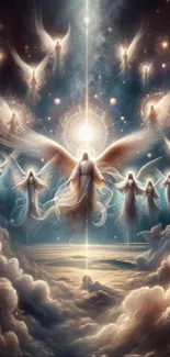 Ethereal celestial angels soar through a starry, mystical sky.