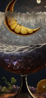 Fantasy artwork of a crescent moon in a cocktail glass under a night sky.