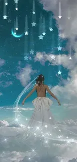 Woman in white dress ascends through clouds towards crescent moon.