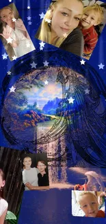 Dreamy celestial wallpaper with family photos and starry theme.