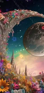 Dreamy wallpaper with moon, stars, and vibrant flowers.