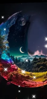 Colorful celestial landscape with stars and crescent moon.