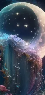 Night sky with moon and mystical waterfall.