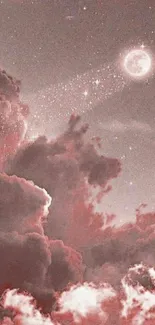 Mobile wallpaper with pinkish brown clouds and a glowing moon in a starry night sky.