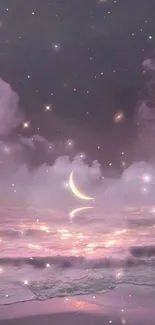 Celestial nightscape with crescent moon, dreamy clouds, and stars.