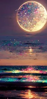 Dreamy ocean view with a glowing moon and vibrant colors.