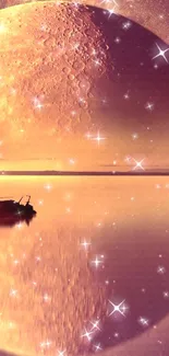 Sailing boat under a full moon with reflections and stars on calm waters.