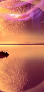 Sailboat under a celestial sky with purple hues and reflections on serene water.