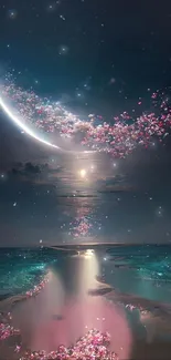 Dreamy celestial seascape with crescent moon and pink hues