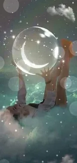 Person in clouds holding glowing moon in serene sky.