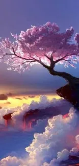 Cherry blossom tree against a vibrant pink sunset.