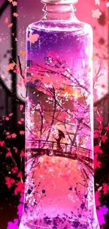 Cherry blossoms in a glass bottle with pink hues on a mobile wallpaper.