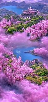 Fantasy landscape with cherry blossoms, pink mist, and serene lake.