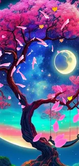 Pink cherry blossom tree with moonlit sky.