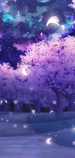 Dreamy cherry blossom night with starry sky and moonlit path.