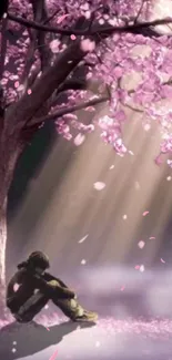 Person sitting under cherry blossom tree in dreamy mist scene.