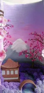 Dreamy cherry blossom and mountain view wallpaper.