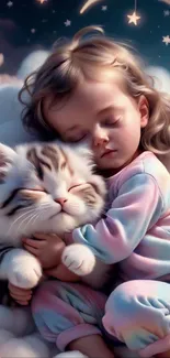 Child cuddling a fluffy cat on soft pastel clouds under a dreamy night sky.