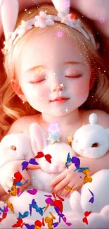 Serene child with bunnies in pink tones.