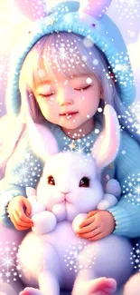 Child with bunny in dreamy light blue setting.