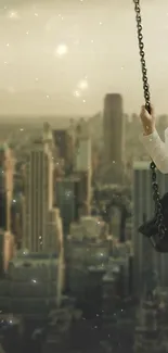 Child on a swing overlooking a mystical cityscape.