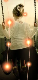 A girl on a swing with glowing lights overlooking a cityscape.