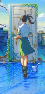 Girl and cat approaching a mystical door over blue water in an animated cityscape.