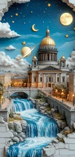 Whimsical cityscape with night sky, moon, and waterfalls in fantasy style.