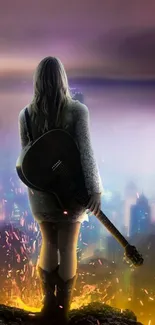 Woman with guitar overlooking vibrant cityscape.