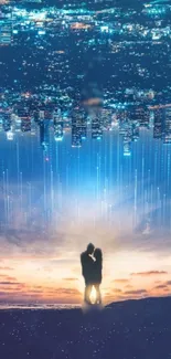 Romantic couple silhouette under dreamy cityscape at twilight.