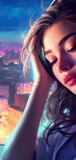 Dreamy woman listening to music overlooking a vibrant cityscape at night.