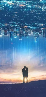 Romantic silhouette with upside-down glowing cityscape in blue hues.