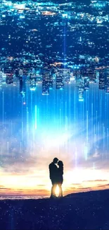 A romantic couple silhouetted against a vibrant cityscape and night sky.