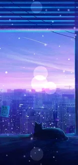 Dreamy cityscape wallpaper with a silhouetted cat and purple sky.