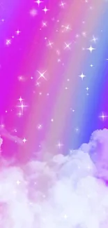 Dreamy purple wallpaper with clouds, stars, and rainbow.