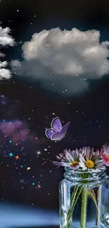 Aesthetic wallpaper with cloud, flowers, and butterfly against a starry sky.