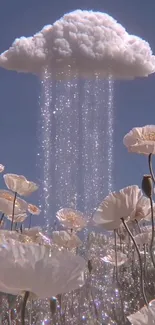 Dreamy cloud raining sparkles over serene flowers.