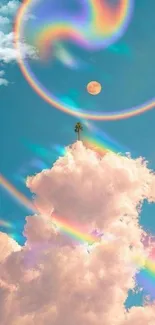 Vivid sky blue wallpaper with swirling rainbow patterns above fluffy clouds.