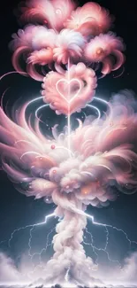 Dreamy pink clouds with heart design and lightning.