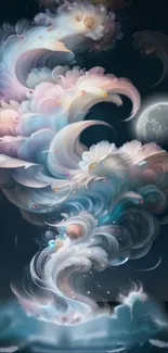 Dreamy swirling clouds over a mystical night sky with moon.