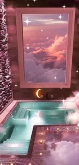 Dreamy bathroom with clouds and sky view, serene fantasy theme.