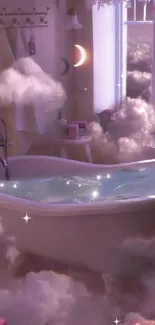 Dreamy cloud-themed bathroom wallpaper with a bathtub surrounded by clouds.