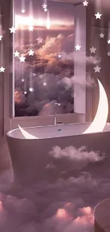 Dreamy bathroom with pink clouds and a moonlit bathtub.