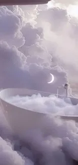 Mobile wallpaper of a bathtub surrounded by clouds and a crescent moon.