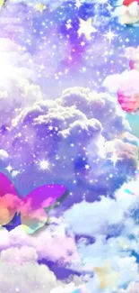 Dreamy purple cloud wallpaper with colorful butterflies and stars.