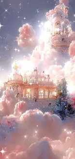 Dreamy pastel cloud castle with glowing architecture and pink hues in a fantasy sky.