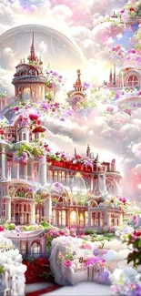 Enchanting castle in vibrant clouds, creating a dreamy and magical mobile wallpaper.