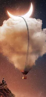 Surreal cloud-shaped balloon floating under a crescent moon in a starry night sky.