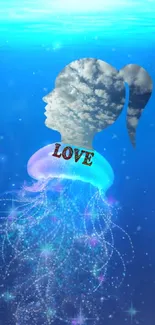 Dreamy blue jellyfish with cloud silhouette and 'LOVE' text wallpaper.